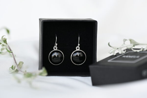 Kanela Silver Drop Earrings "Round Black" - Image 2