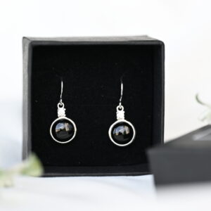 Kanela Silver Drop Earrings "Round Black"
