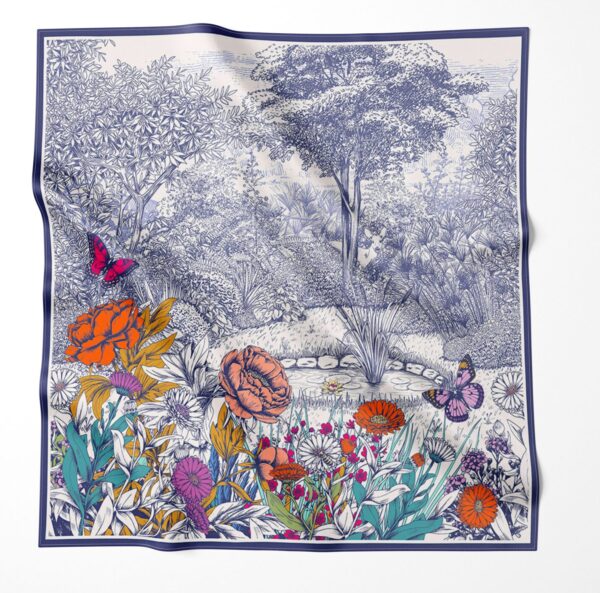Silk Scarf "Botanical Garden Blue" – 110 × 110 cm
