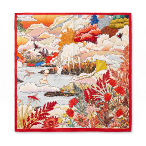 Silk Scarf "White Horse Red" – 50 × 50 cm